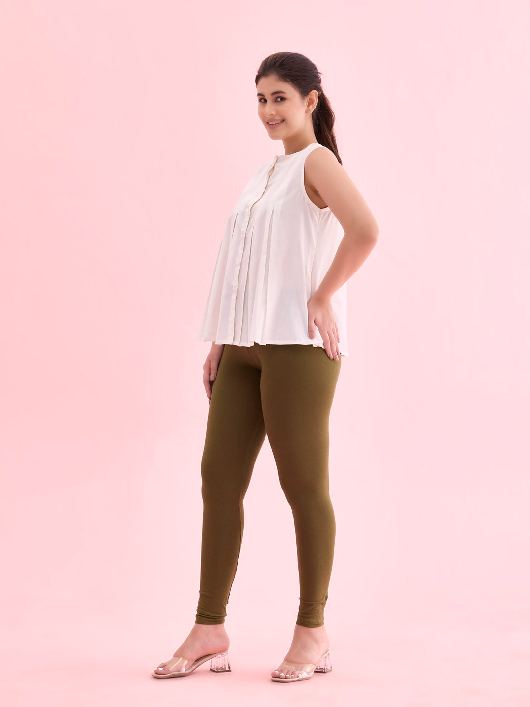 Olive Green Cotton Stretch Ankle Length Leggings