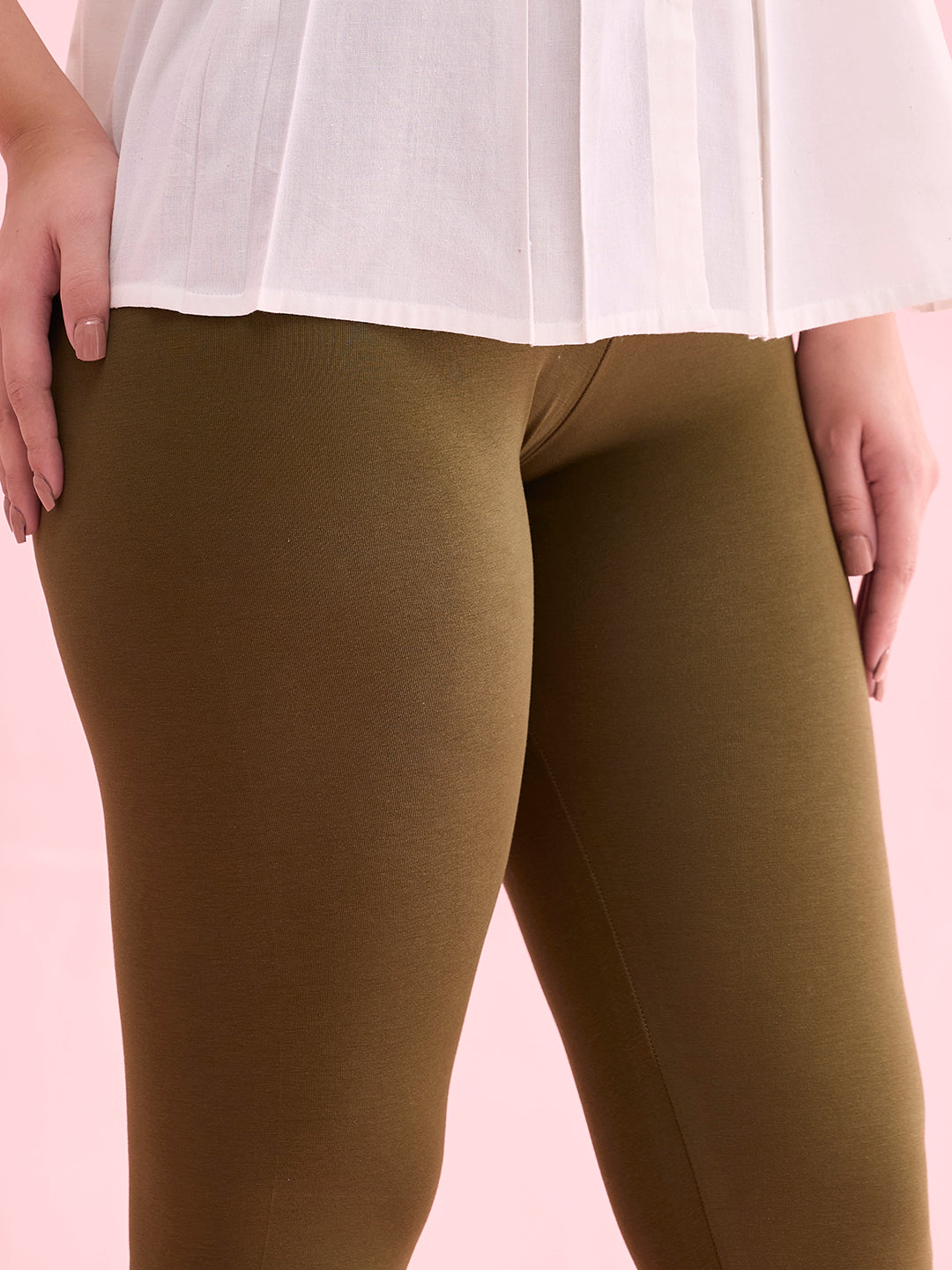 Olive Green Cotton Stretch Ankle Length Leggings