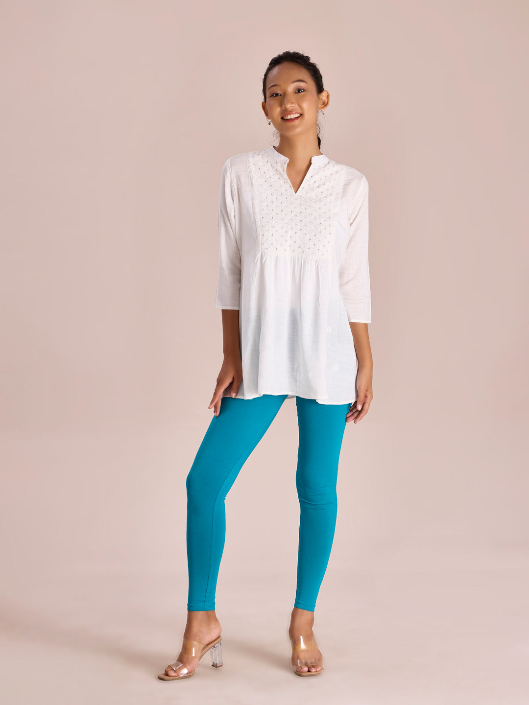 Peacock Blue Cotton Stretch Ankle Length Leggings