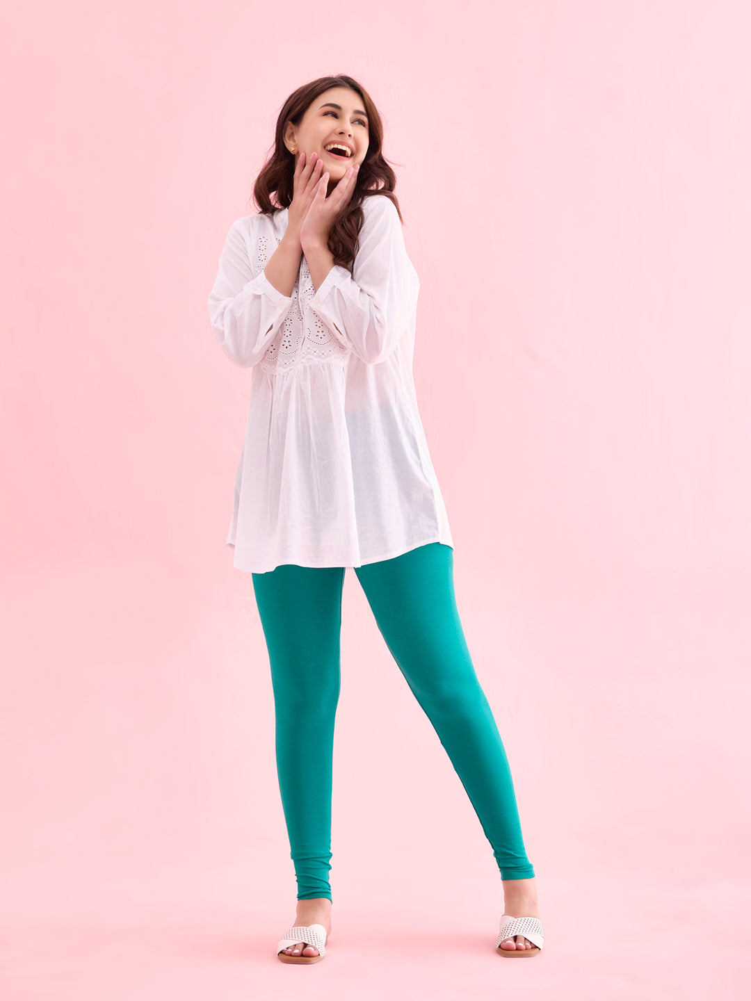 Peacock Green Cotton Stretch Ankle Length Leggings