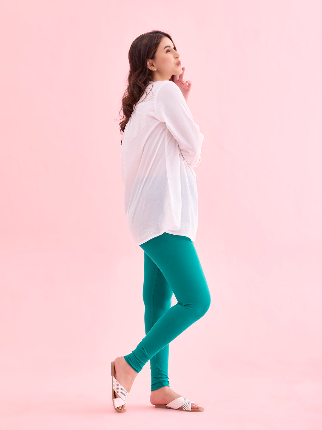 Peacock Green Cotton Stretch Ankle Length Leggings