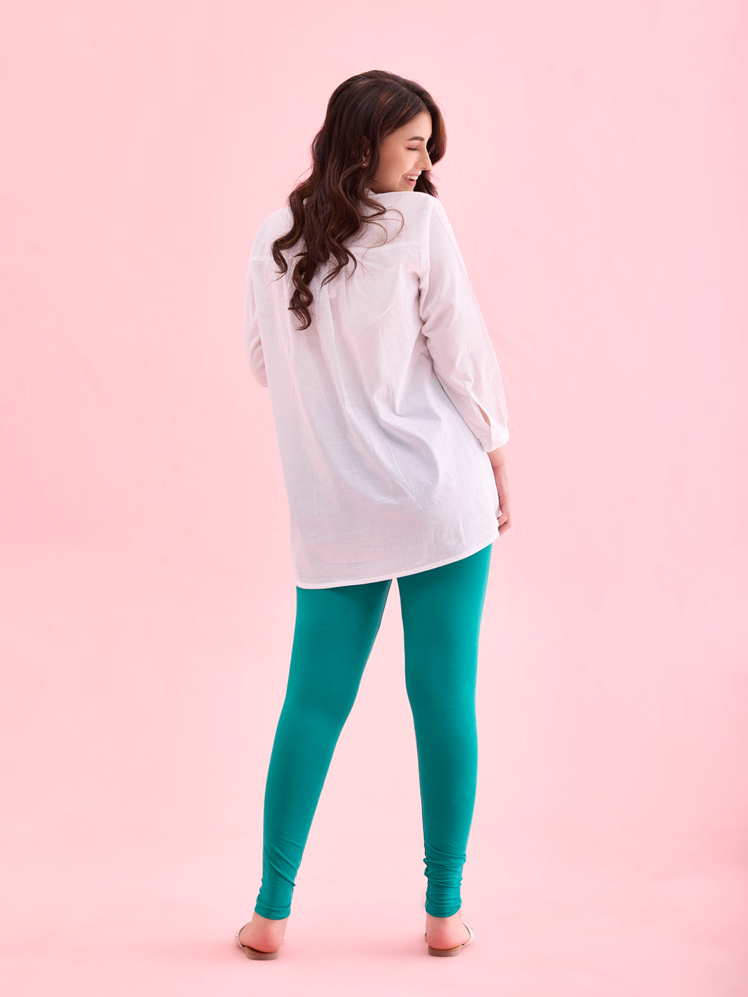 Peacock Green Cotton Stretch Ankle Length Leggings