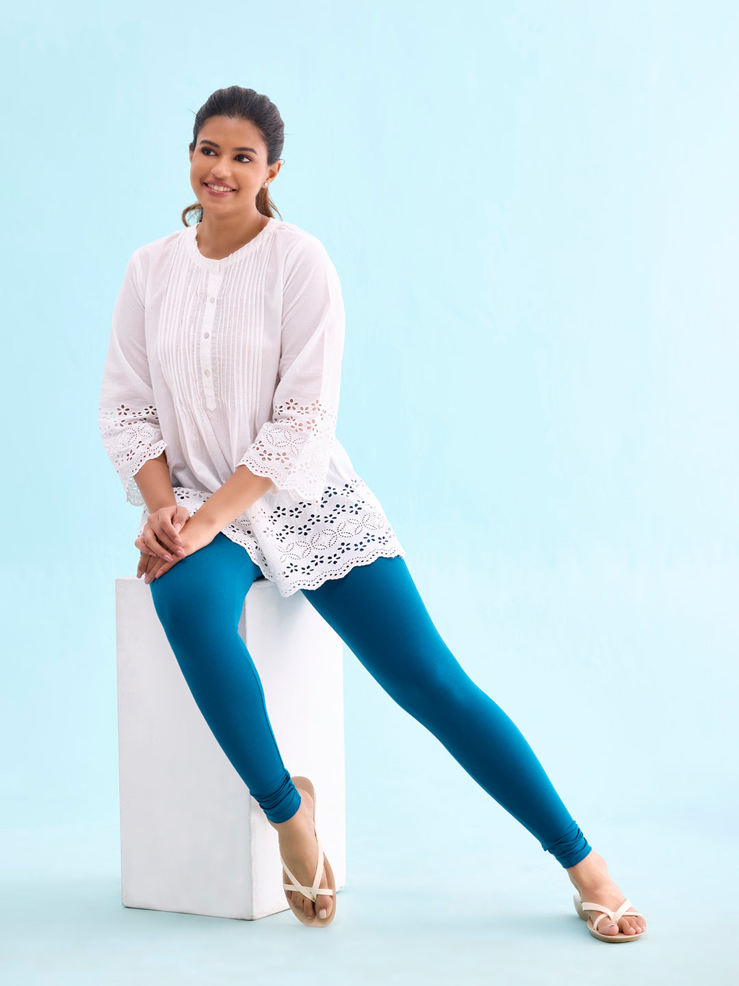 Turquoise Blue Cotton Stretch Ankle Length Leggings