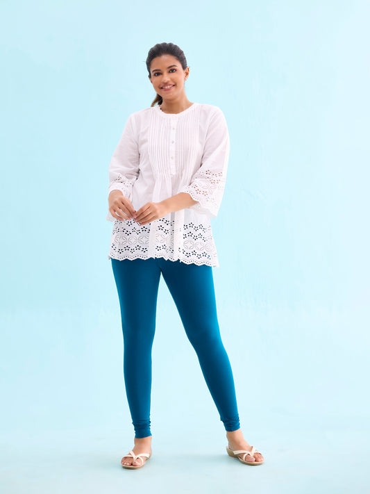 Turquoise Blue Cotton Stretch Ankle Length Leggings