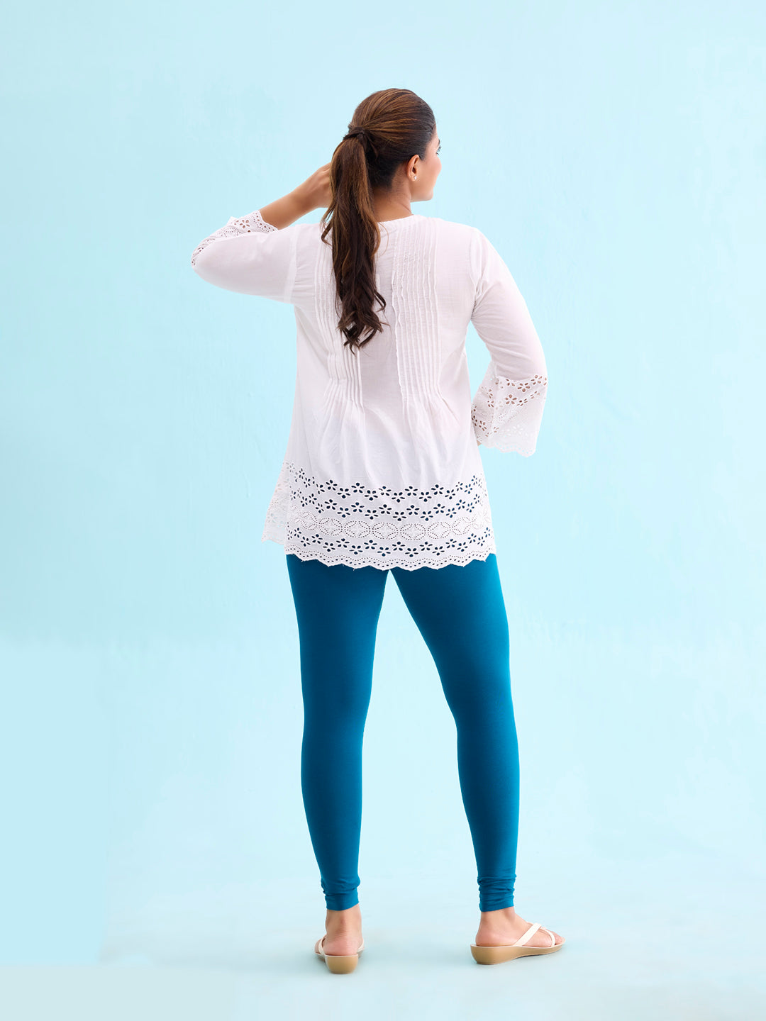 Turquoise Blue Cotton Stretch Ankle Length Leggings