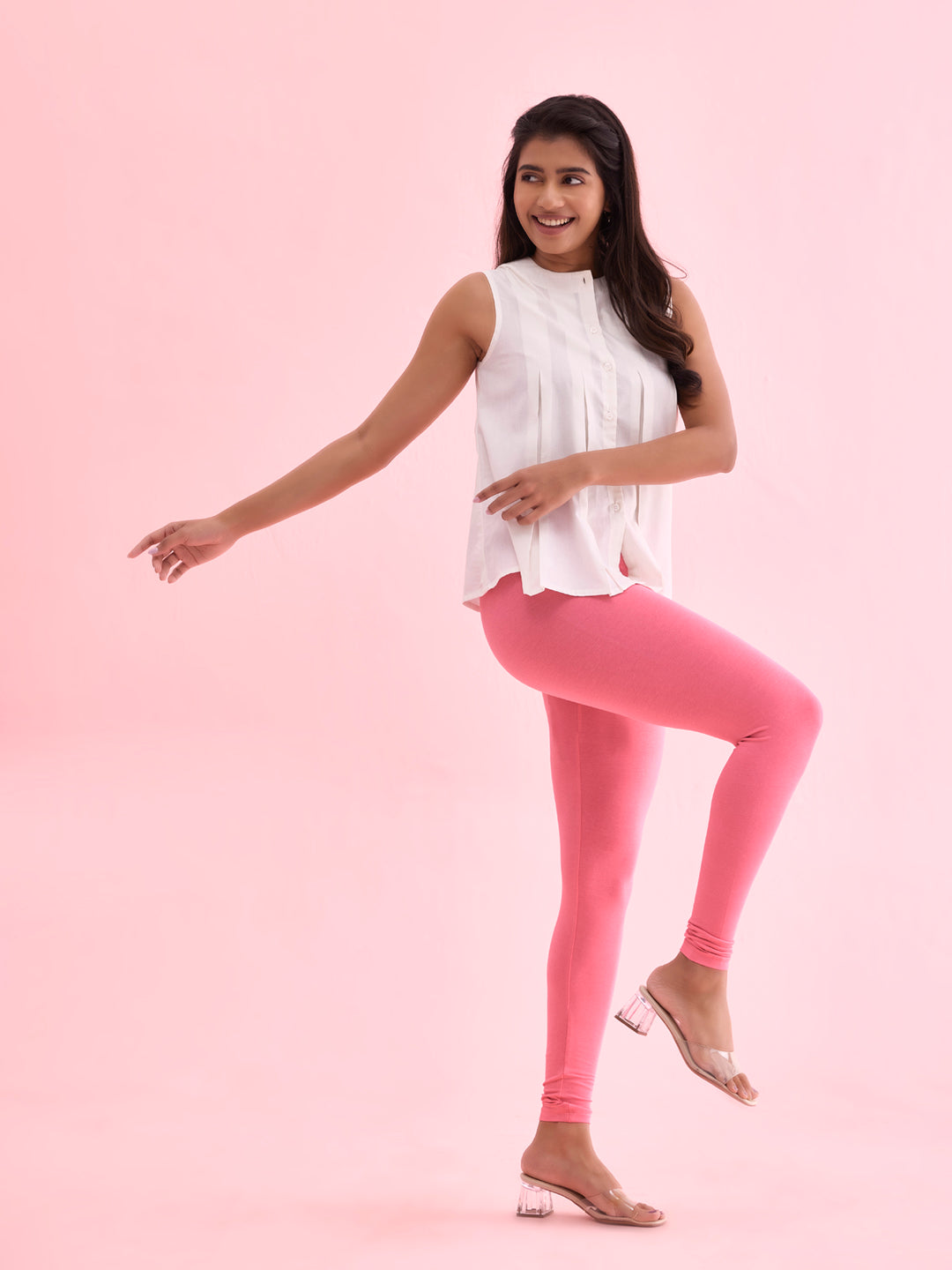 Young Pink Cotton Stretch Ankle Length Leggings