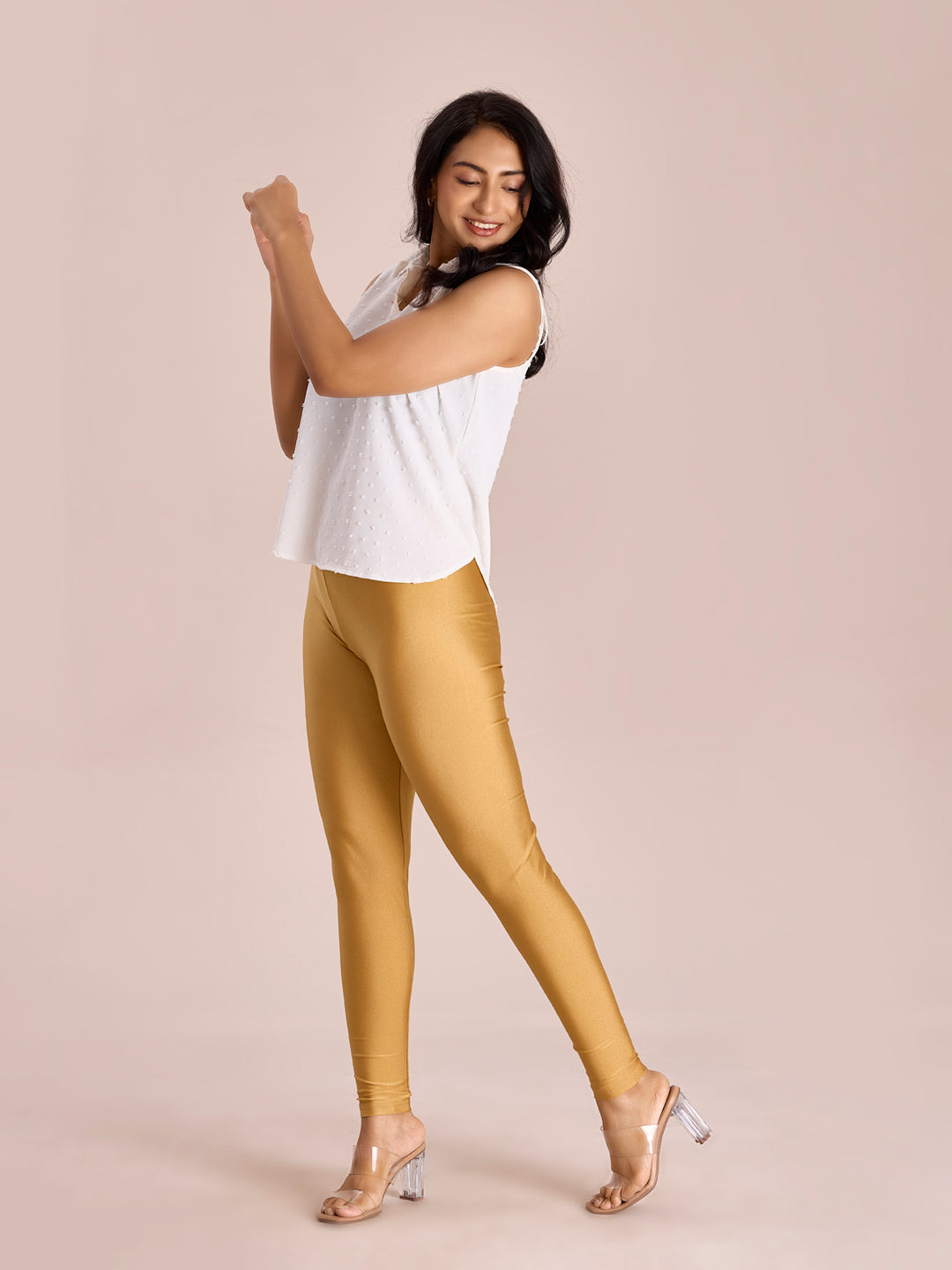 Bright Gold Nylon Stretch Shimmer Leggings S - Main Image