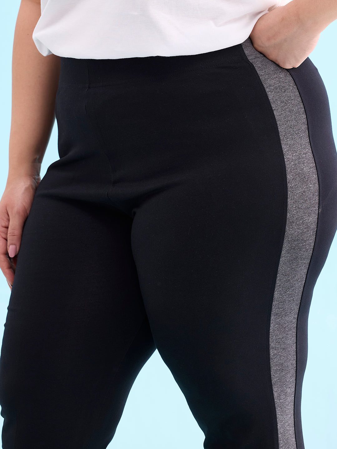 Black Cotton Stretch Side Stripes Active Leggings