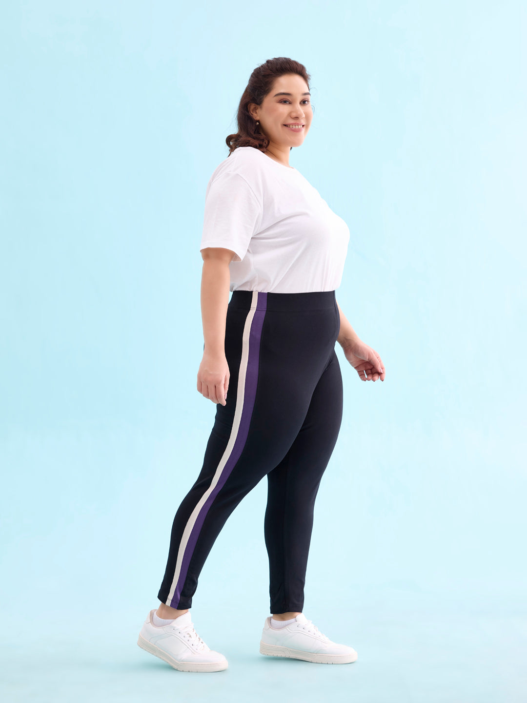 Black Cotton Stretch Side Stripes Active Leggings