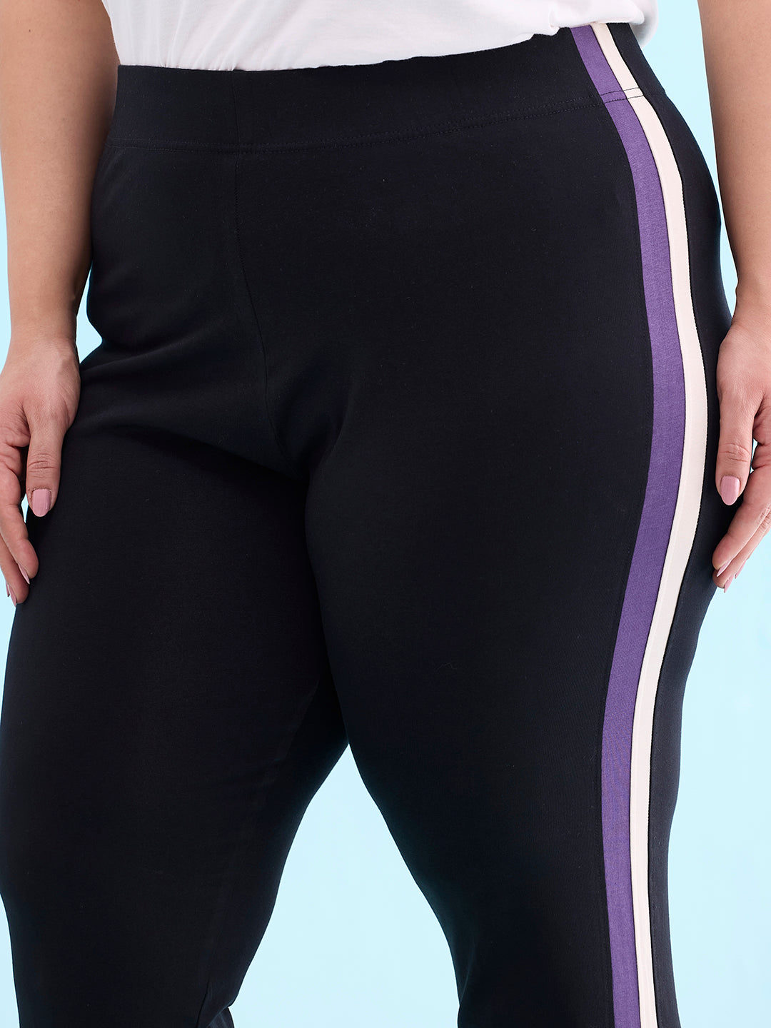 Black Cotton Stretch Side Stripes Active Leggings