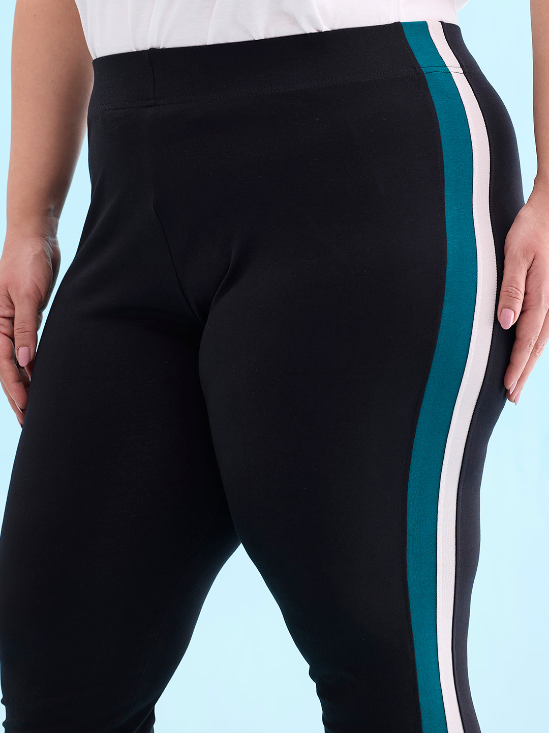 Black Cotton Stretch Side Stripes Active Leggings