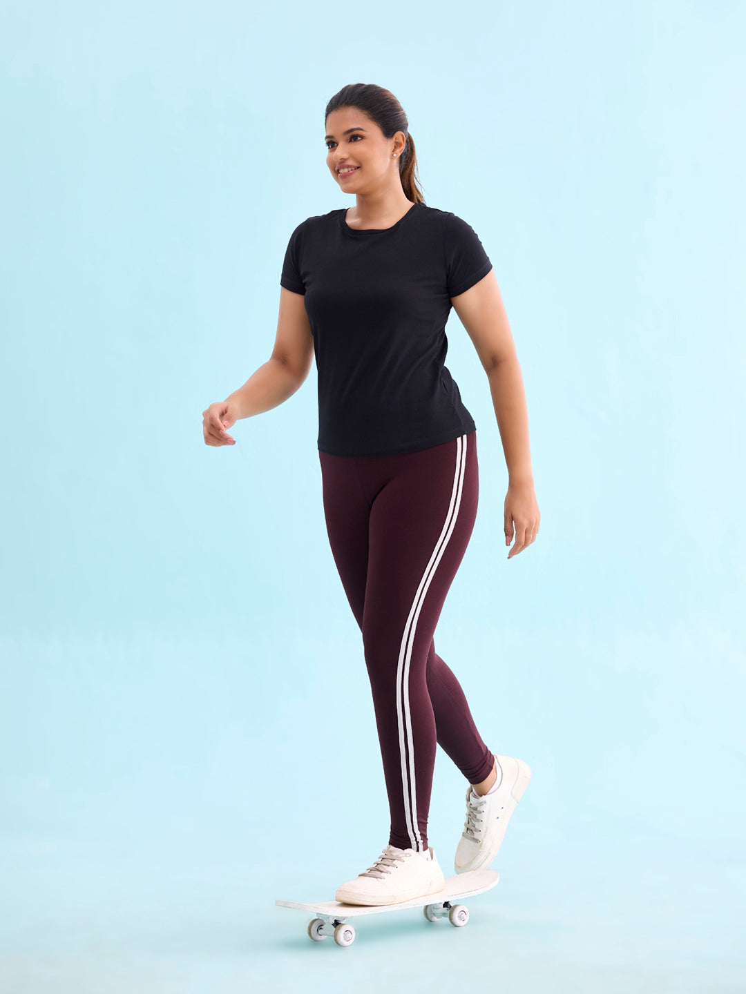 Brown Cotton Stretch Side Stripes Active Leggings