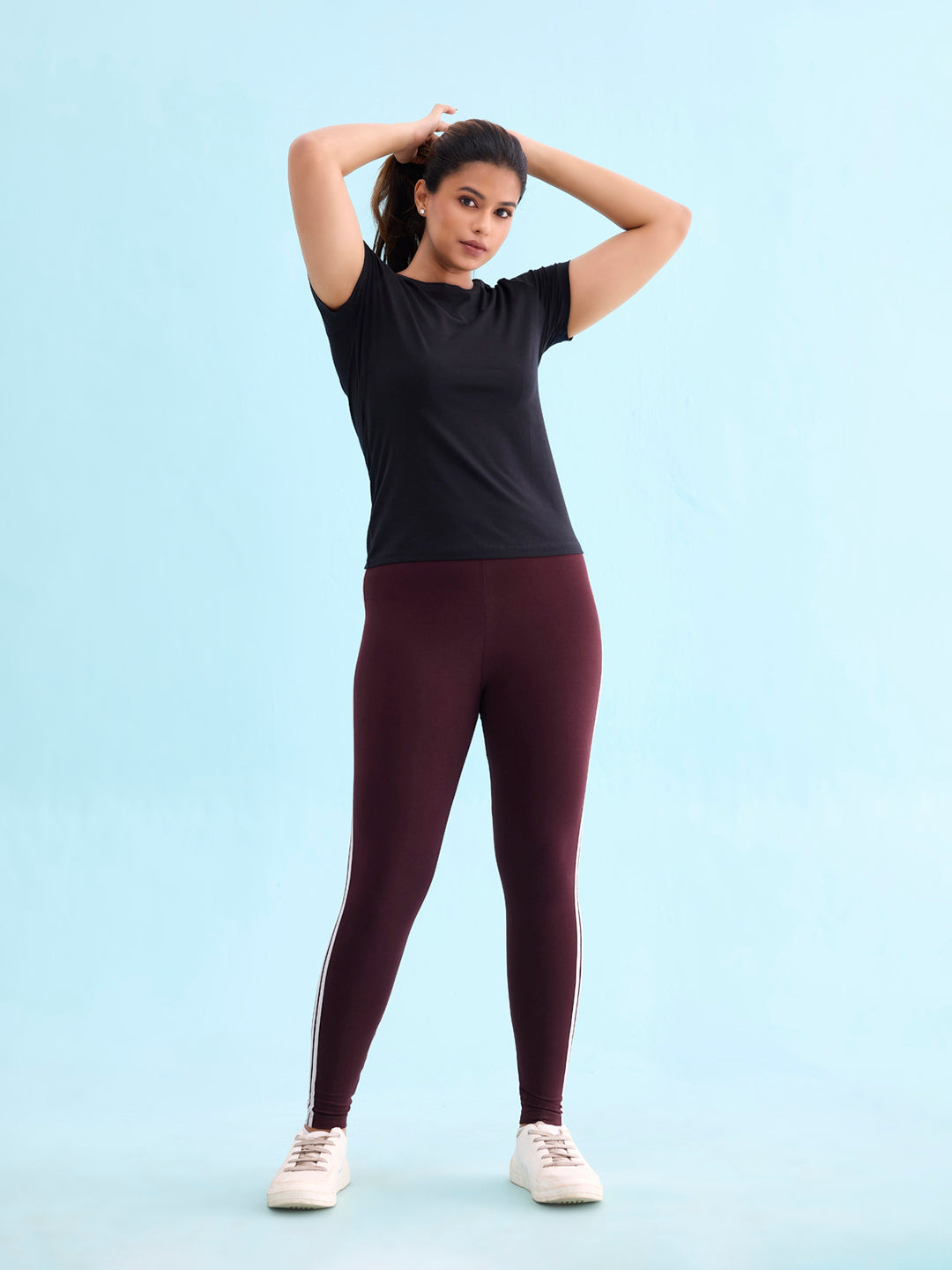 Brown Cotton Stretch Side Stripes Active Leggings