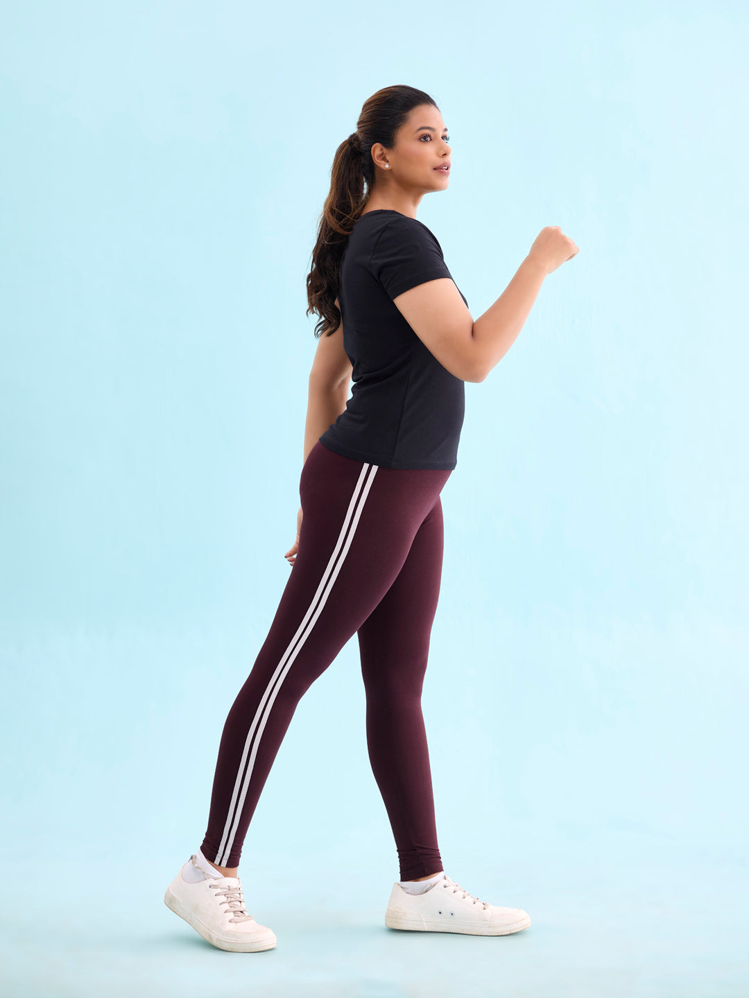 Brown Cotton Stretch Side Stripes Active Leggings