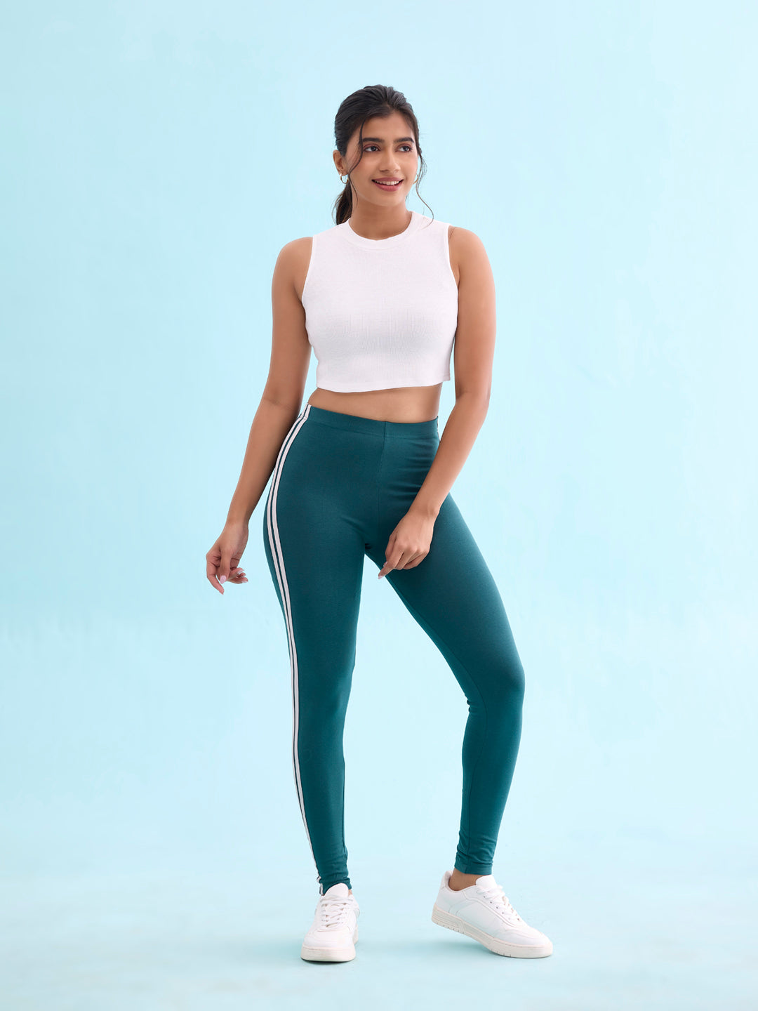 Green Cotton Stretch Side Stripes Active Leggings