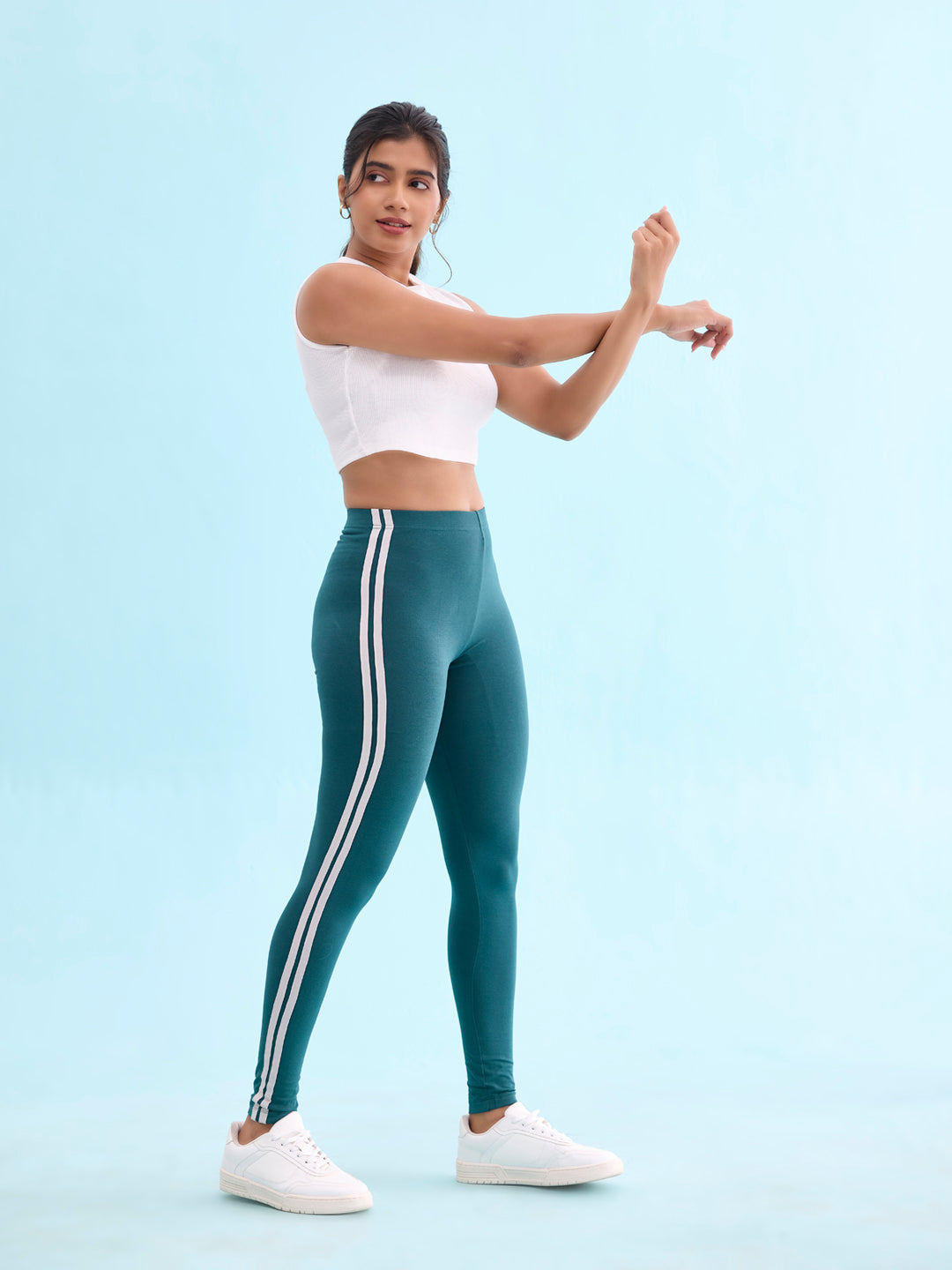 Green Cotton Stretch Side Stripes Active Leggings