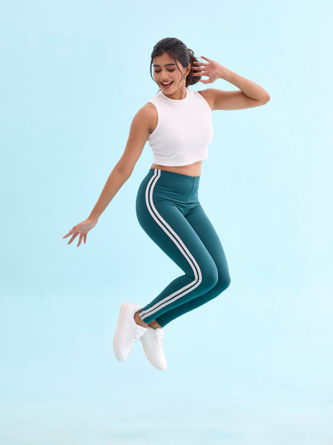 Green Cotton Stretch Side Stripes Active Leggings