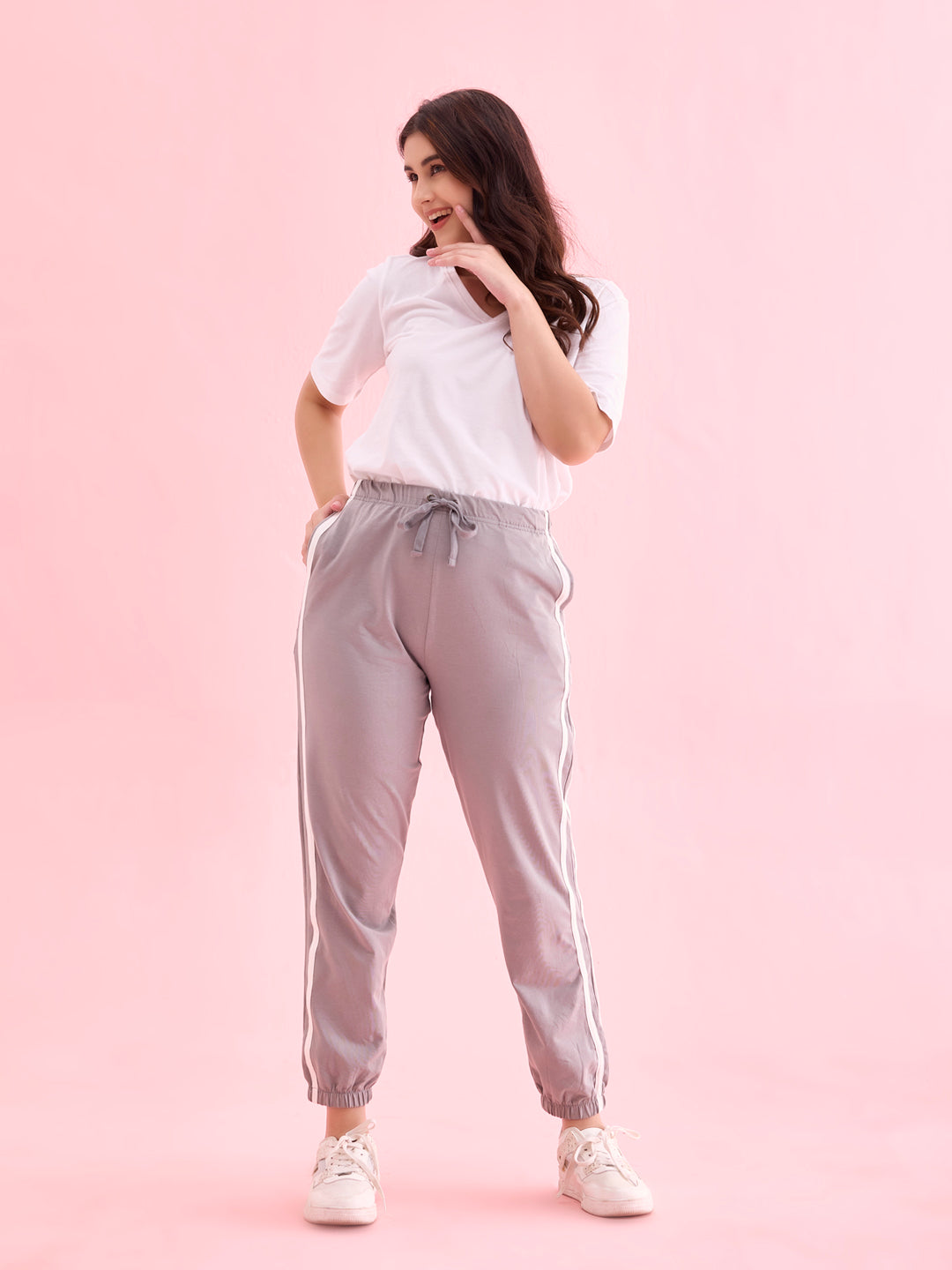 Grey Cotton Stretch Side Stripes Active Joggers