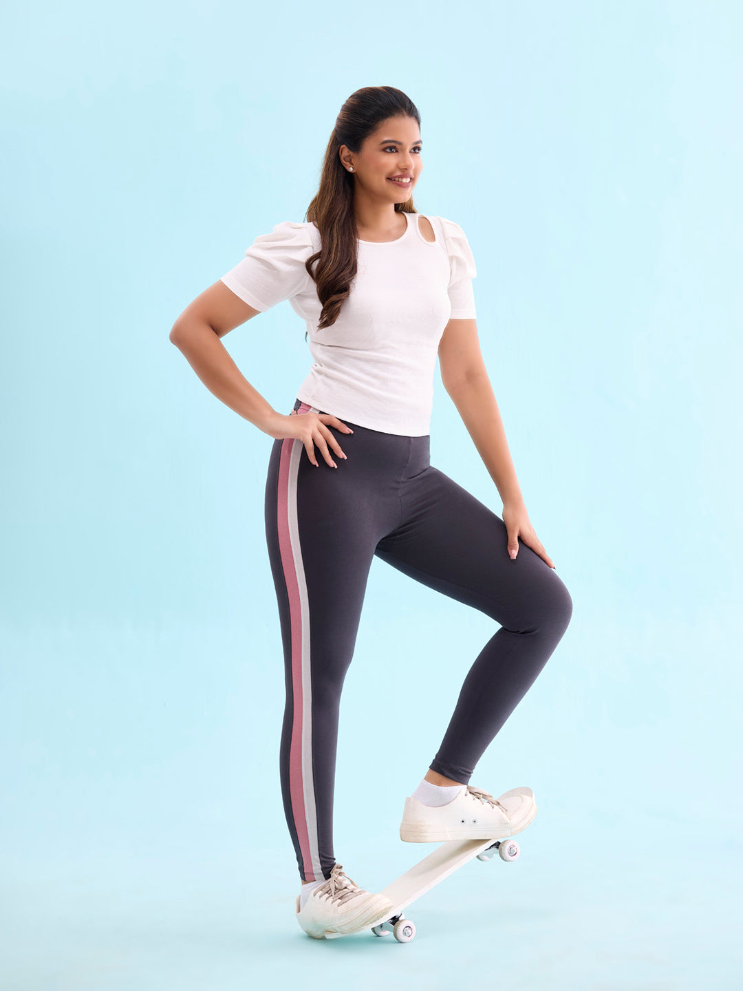 Grey Cotton Stretch Side Stripes Active Leggings