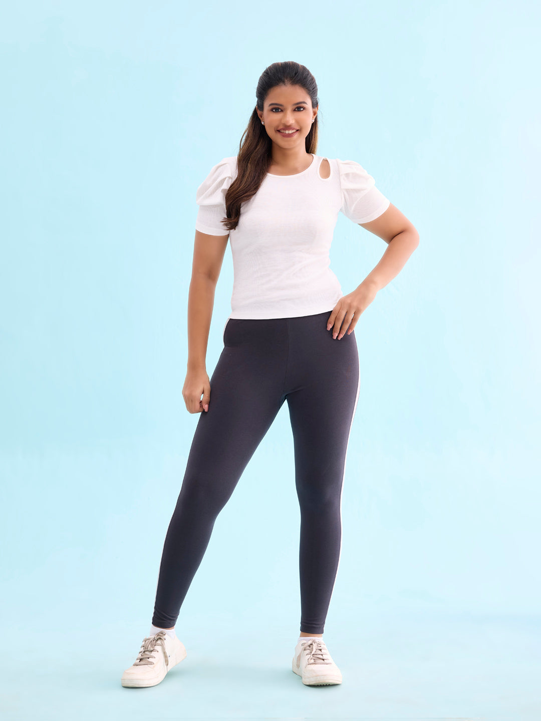 Grey Cotton Stretch Side Stripes Active Leggings