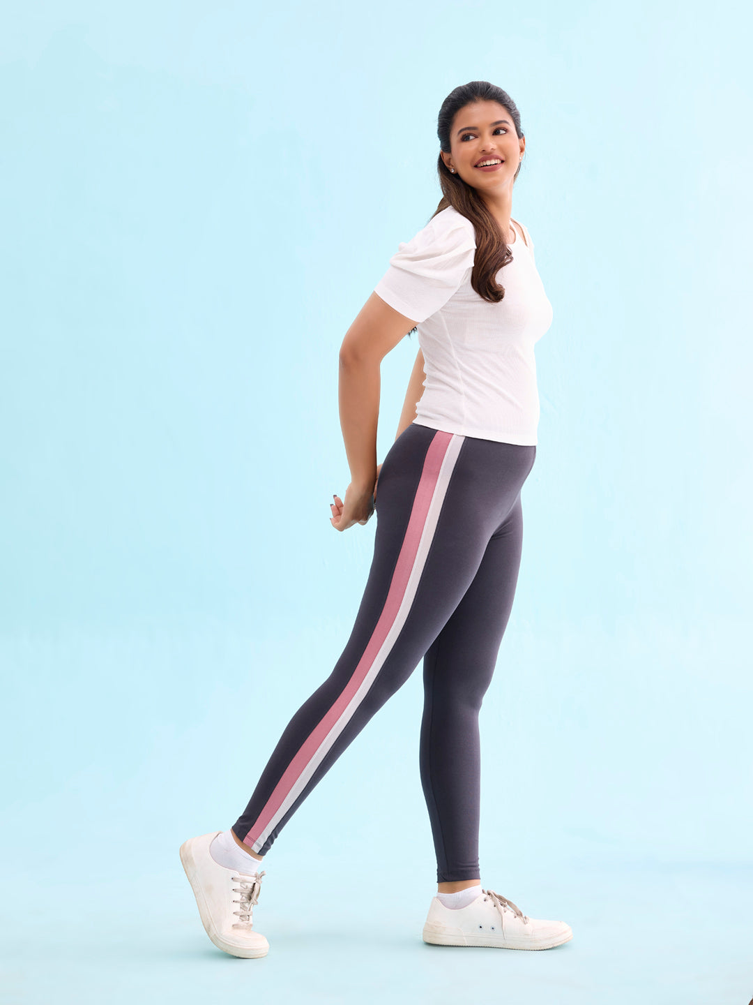 Grey Cotton Stretch Side Stripes Active Leggings