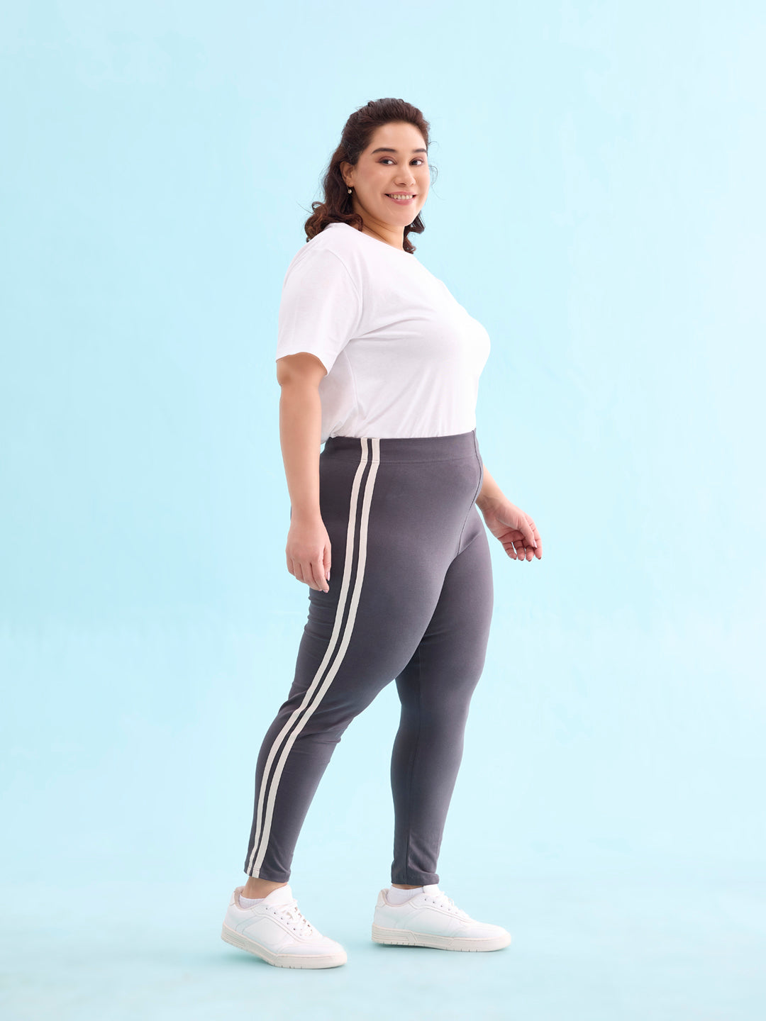 Grey Cotton Stretch Side Stripes Active Leggings