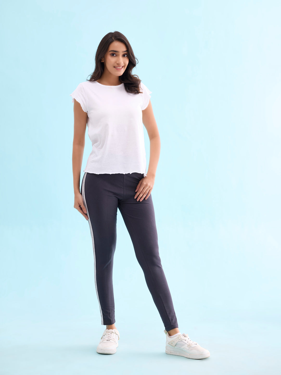 Grey Cotton Stretch Side Stripes Active Leggings