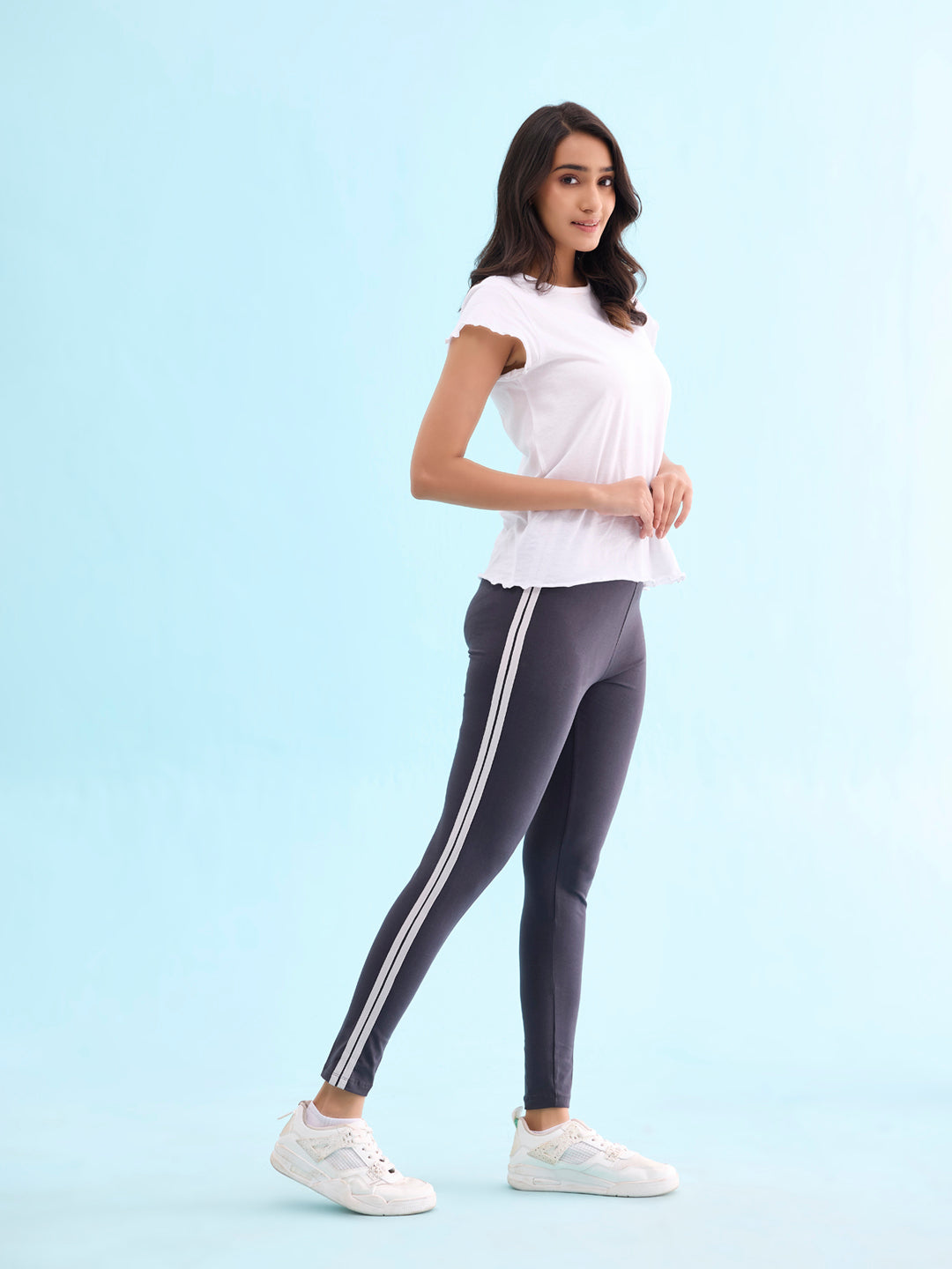 Grey Cotton Stretch Side Stripes Active Leggings