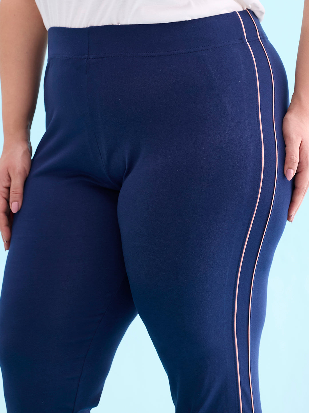 Navy Cotton Stretch Side Stripes Active Leggings