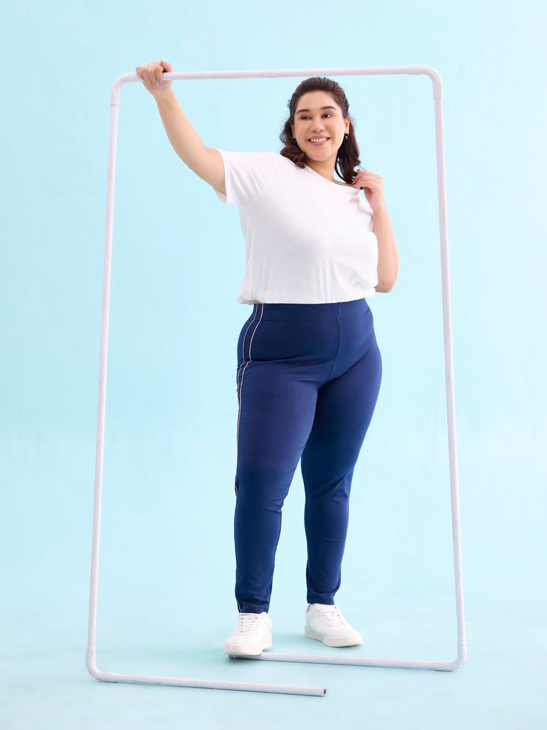 Navy Cotton Stretch Side Stripes Active Leggings