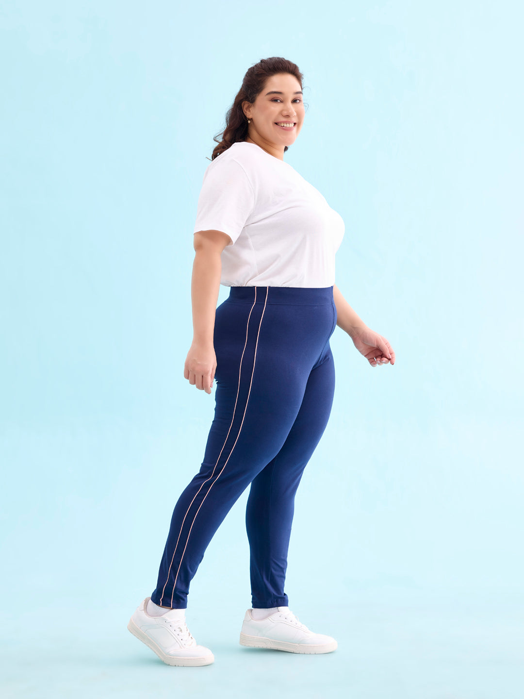 Navy Cotton Stretch Side Stripes Active Leggings