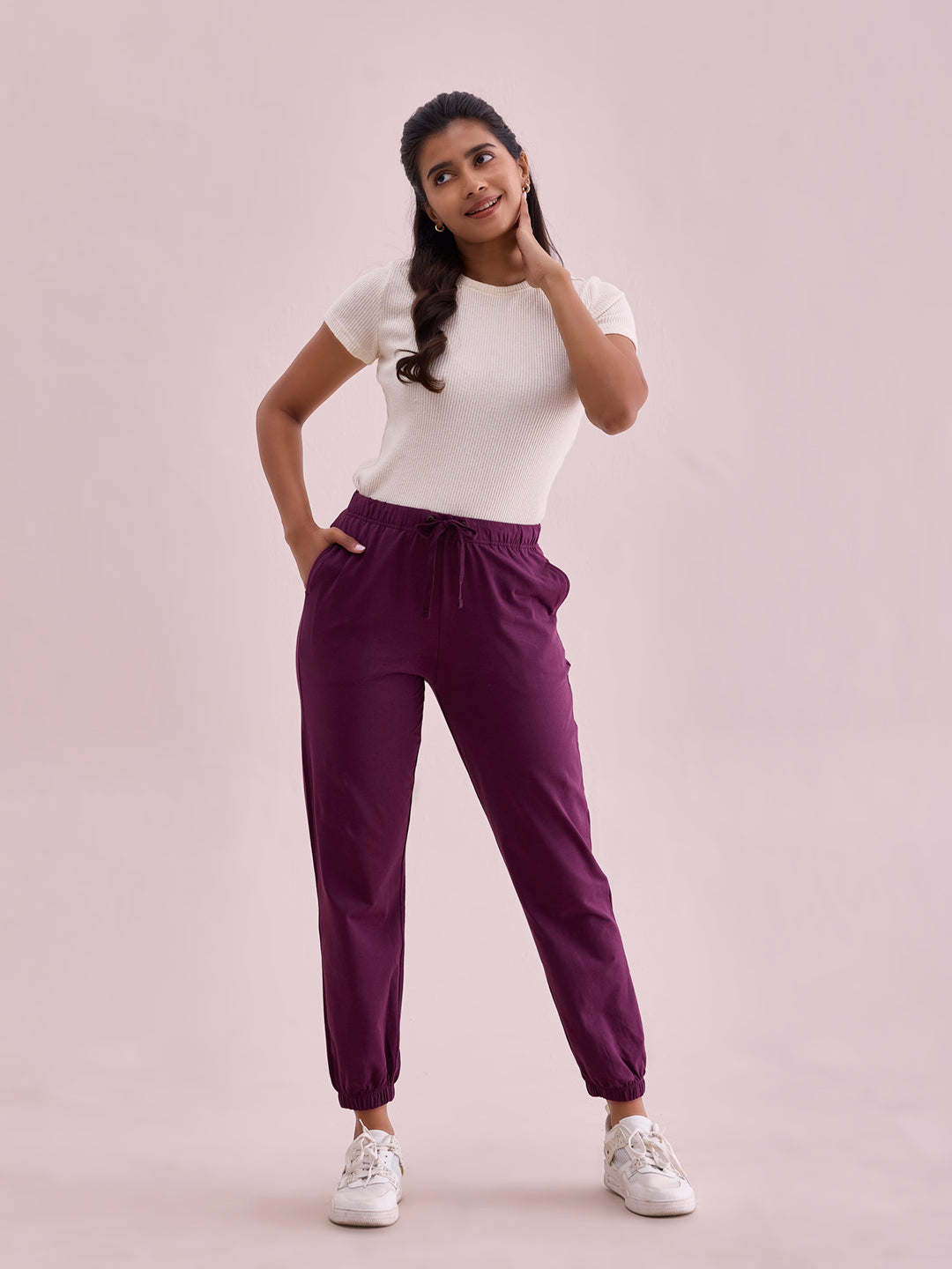 Dark Purple Cotton Stretch Casual Joggers