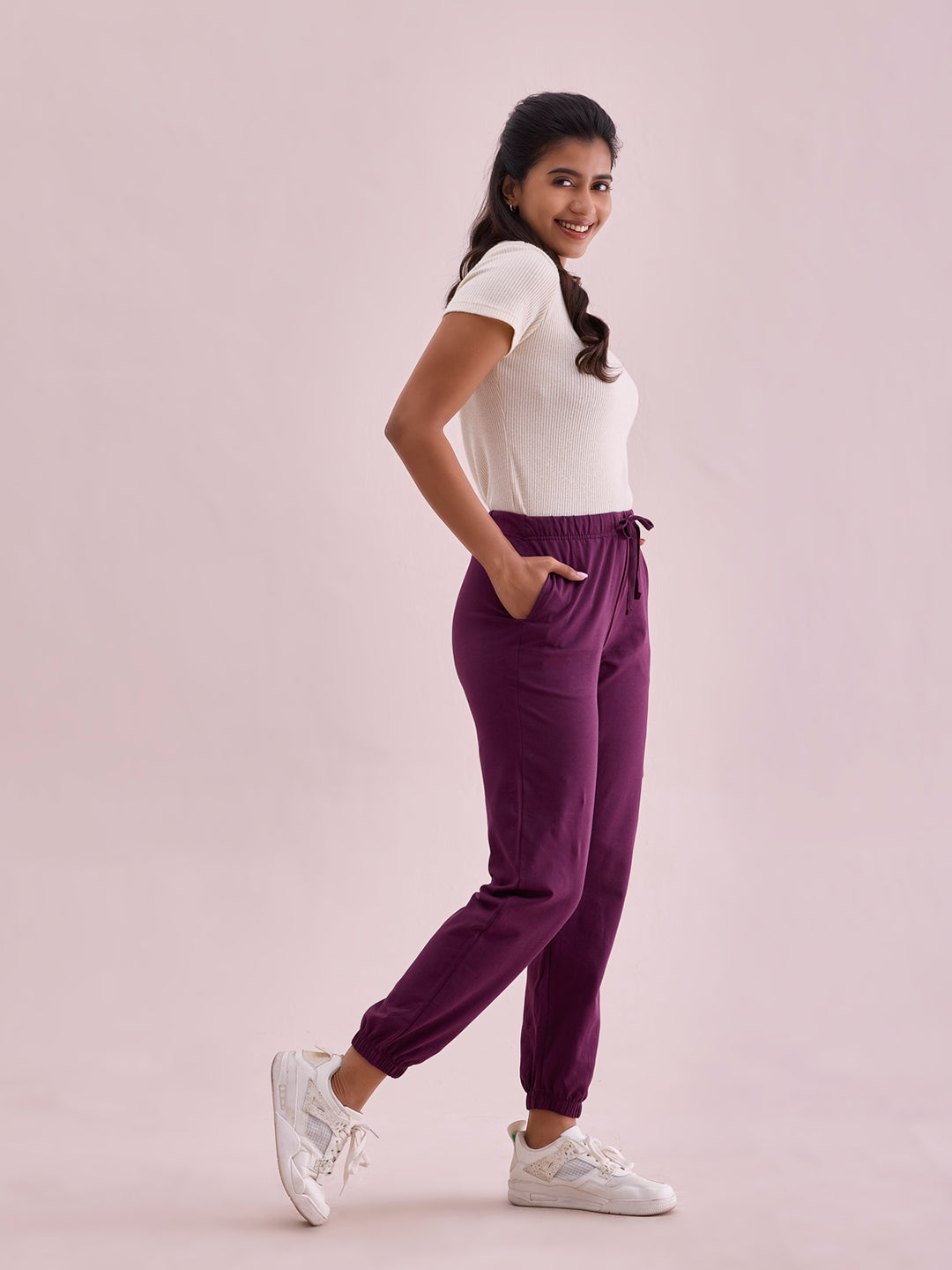 Dark Purple Cotton Stretch Casual Joggers