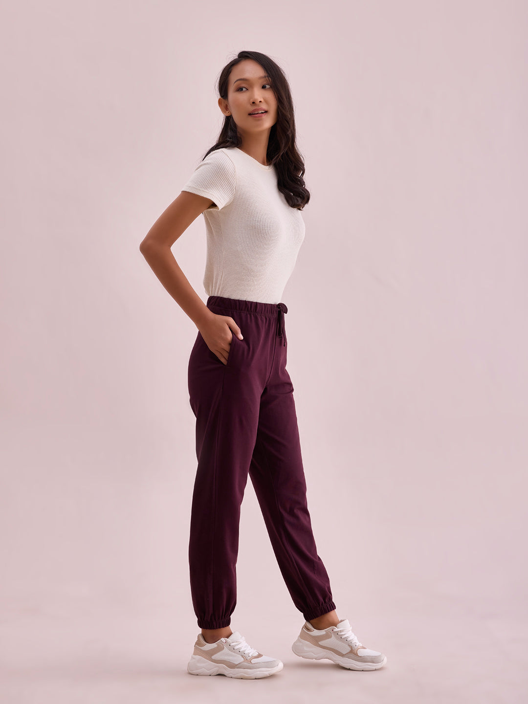 Dark Wine Cotton Stretch Casual Joggers