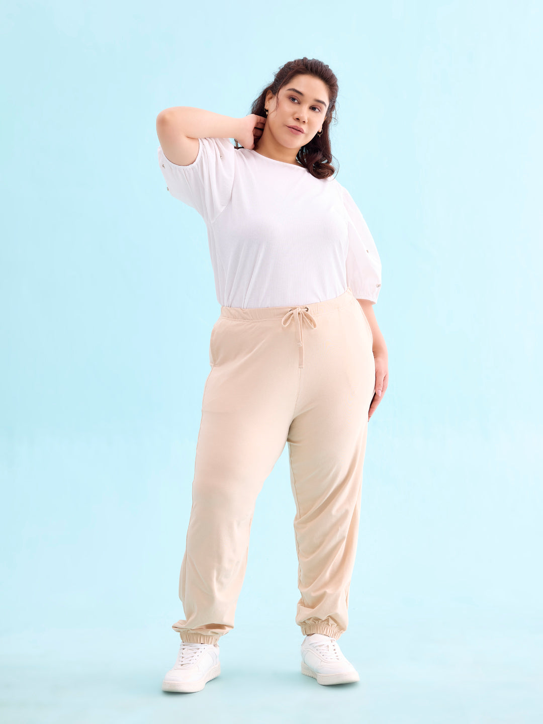 Light Beige Cotton Stretch Casual Joggers