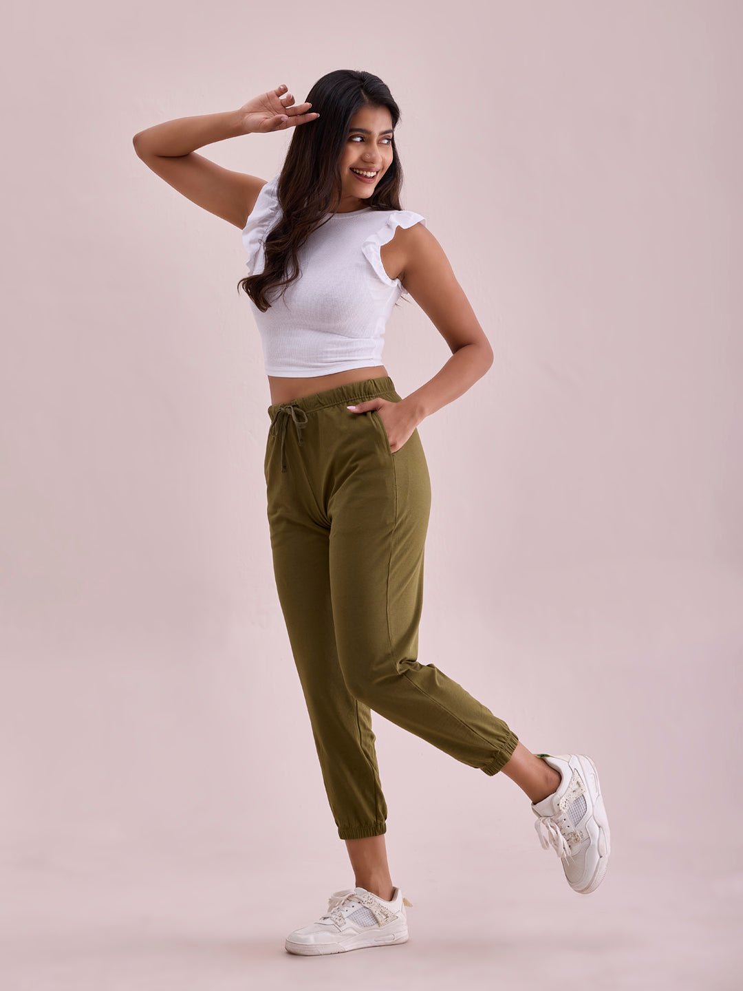 Olive Green Cotton Stretch Casual Joggers