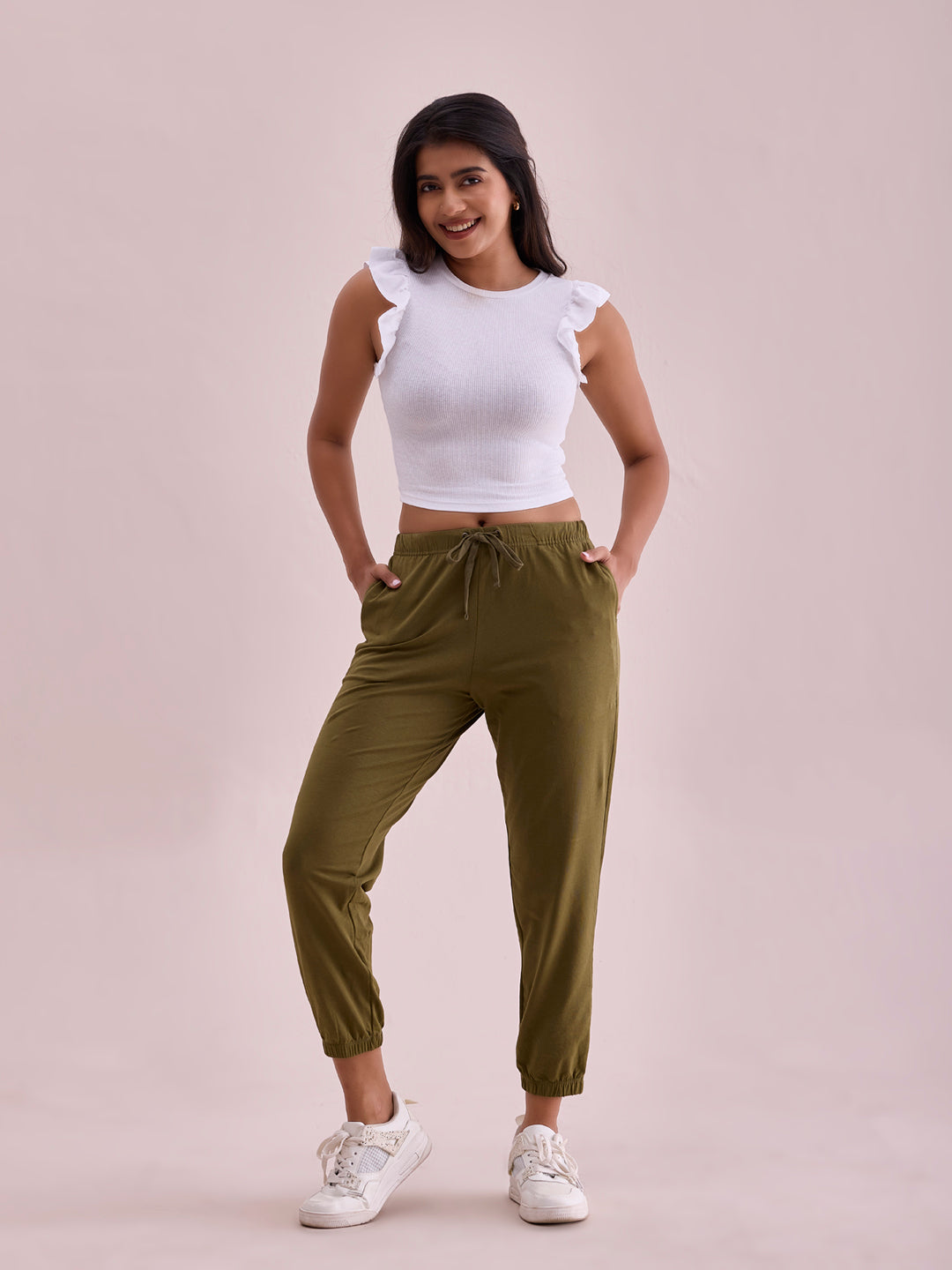 Olive Green Cotton Stretch Casual Joggers