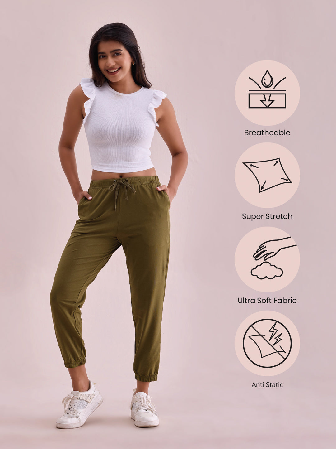 Olive Green Cotton Stretch Casual Joggers