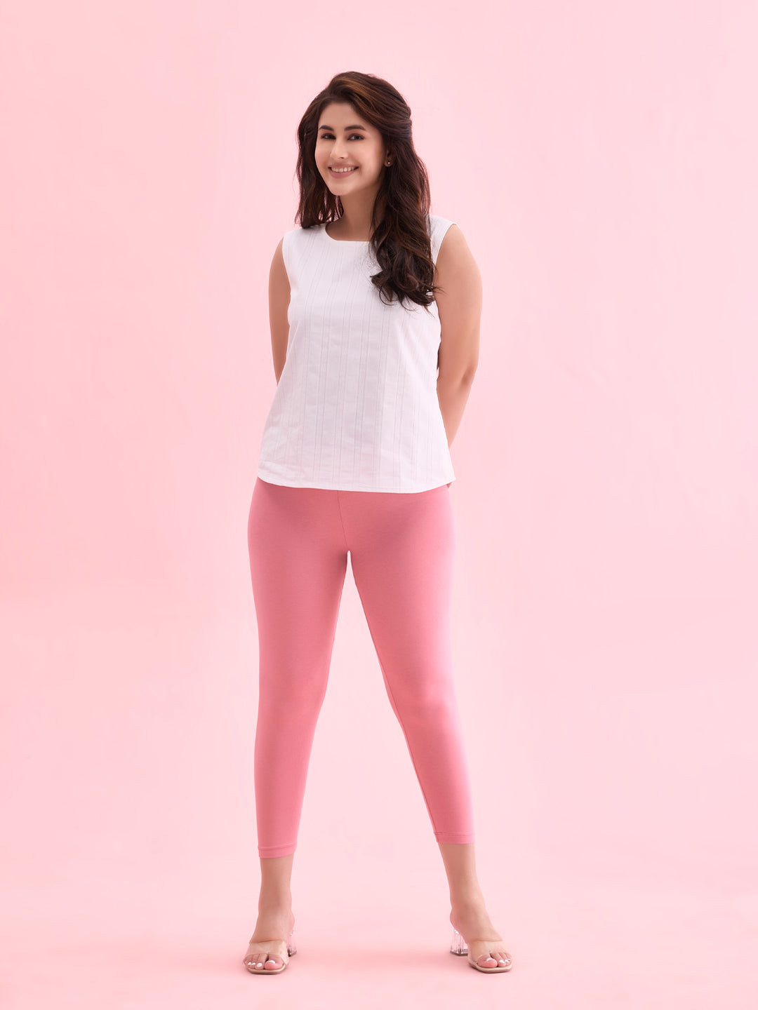 Blush Pink Cotton Stretch Cropped Leggings