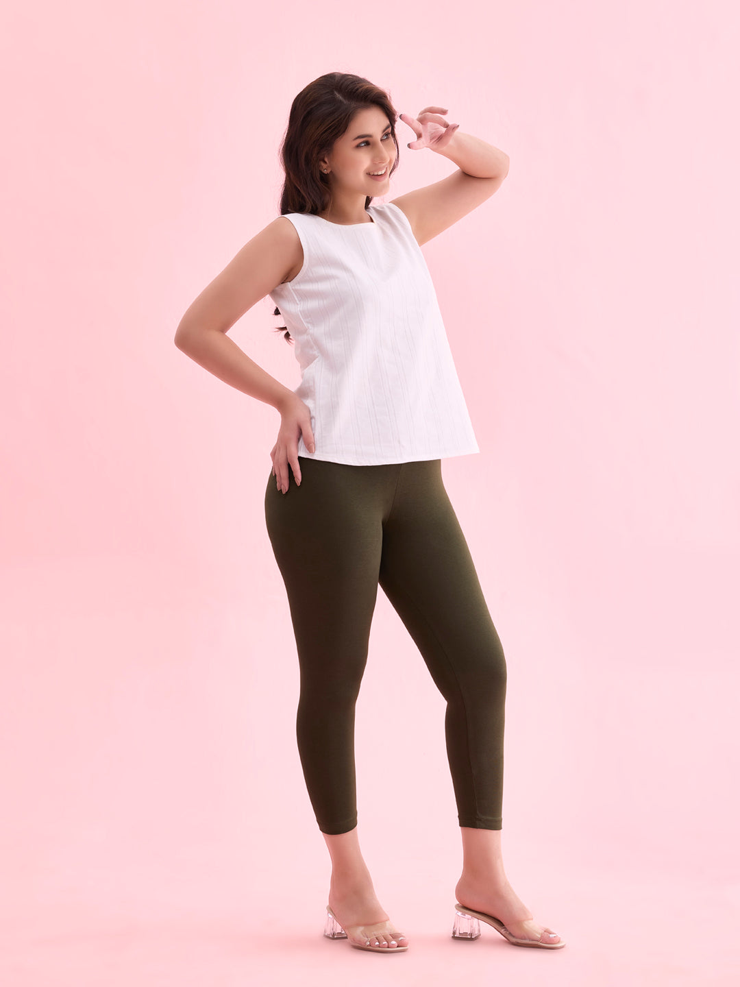 Dark Olive Cotton Stretch Cropped Leggings S - Main Image
