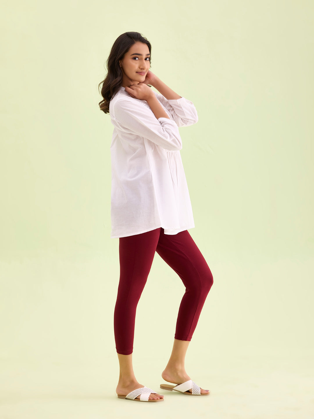 Maroon Cotton Stretch Cropped Leggings