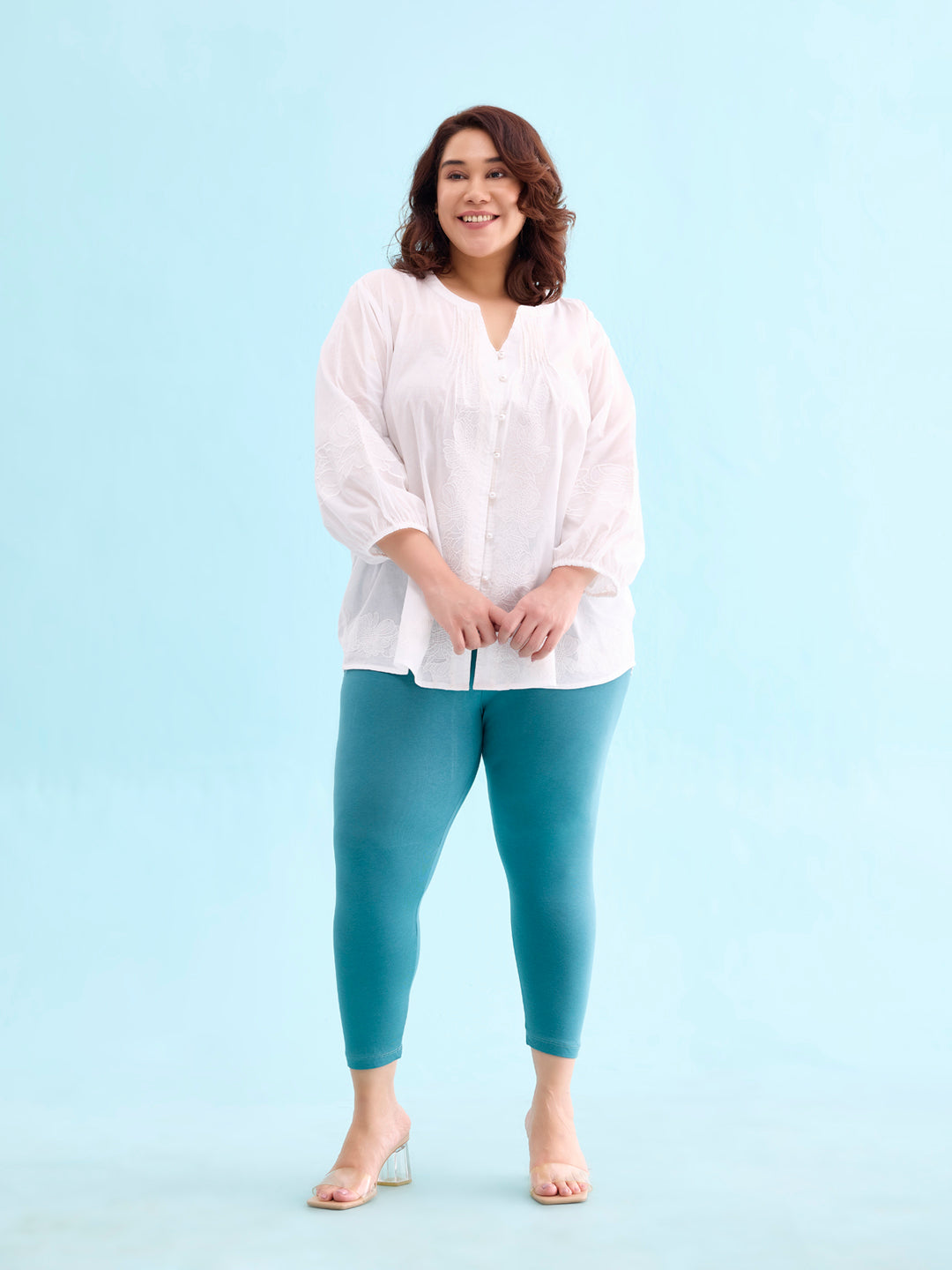 Ocean Green Cotton Stretch Cropped Leggings