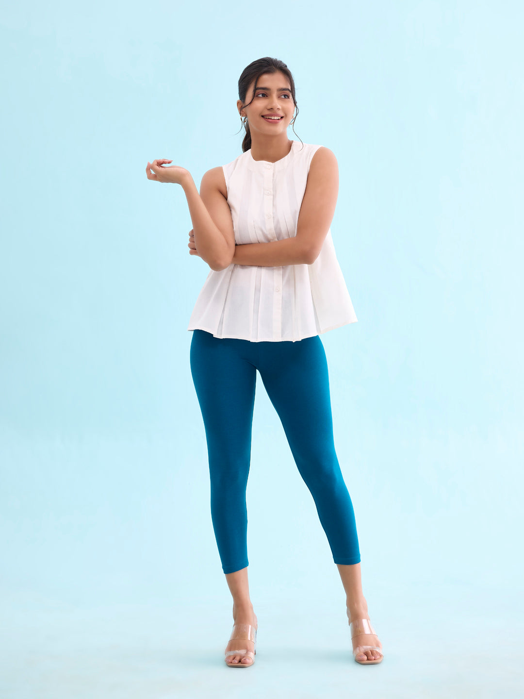 Turquoise Blue Cotton Stretch Cropped Leggings