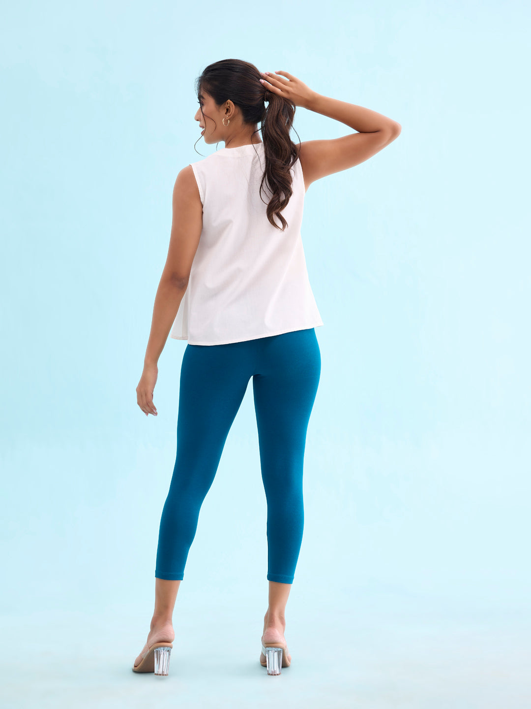 Turquoise Blue Cotton Stretch Cropped Leggings