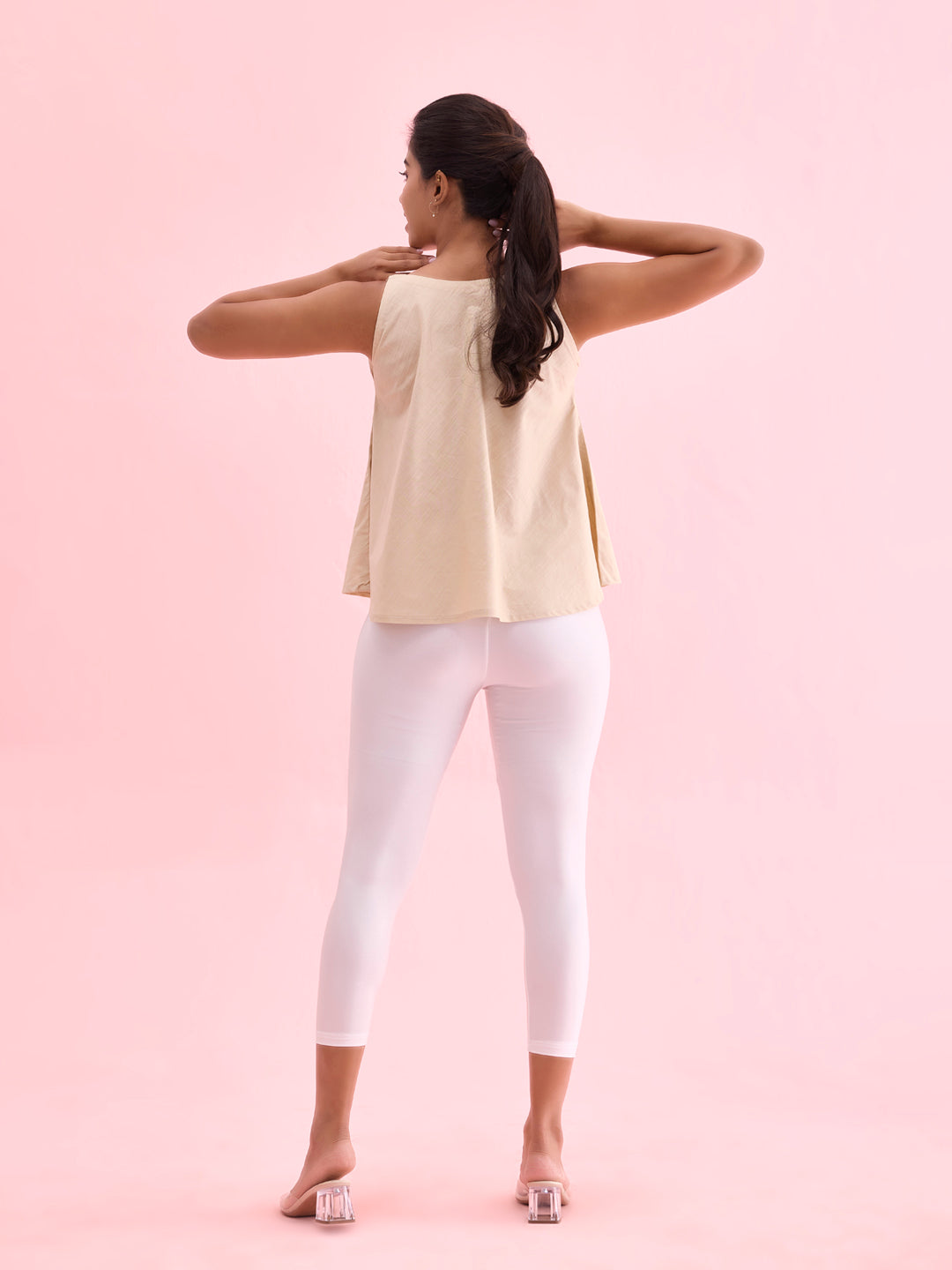 White Cotton Stretch Cropped Shimmer Leggings