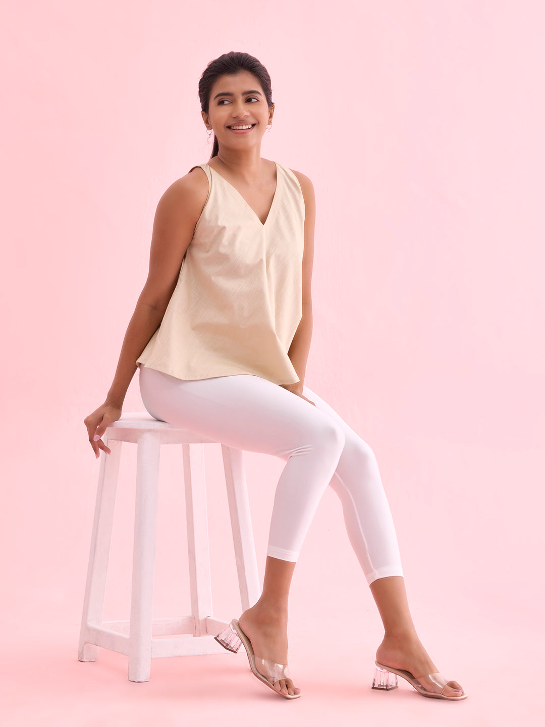 White Cotton Stretch Cropped Shimmer Leggings