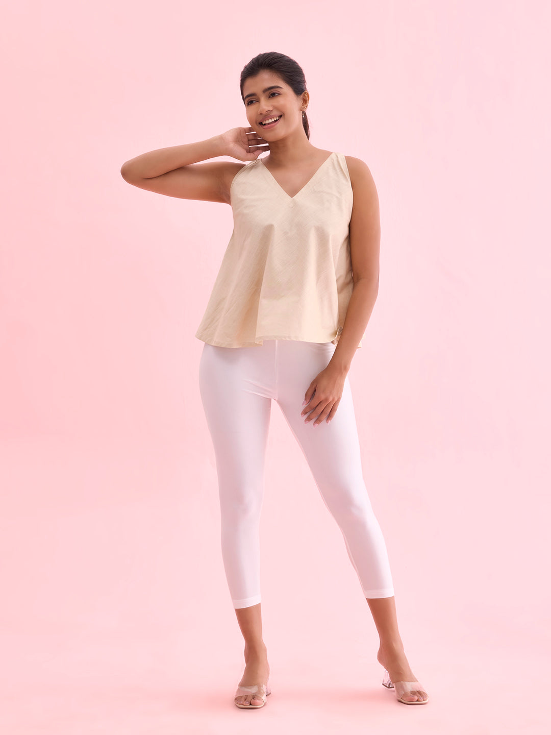 White Cotton Stretch Cropped Shimmer Leggings