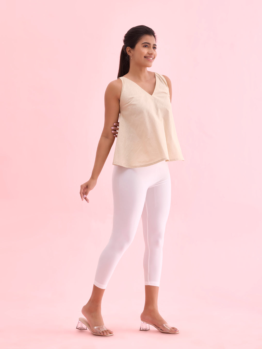 White Cotton Stretch Cropped Shimmer Leggings