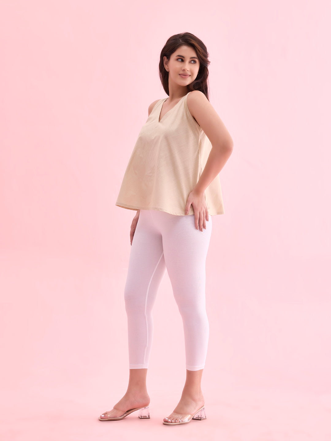 White Cotton Stretch Cropped Leggings