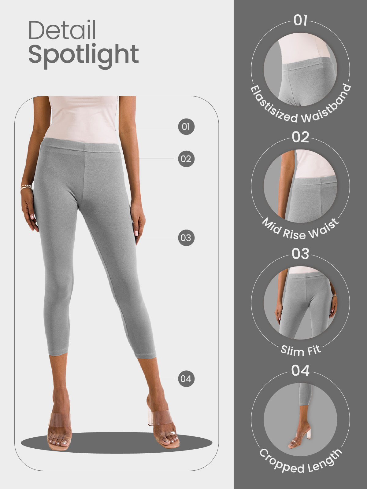 Silver Grey Cotton Stretch Cropped Leggings